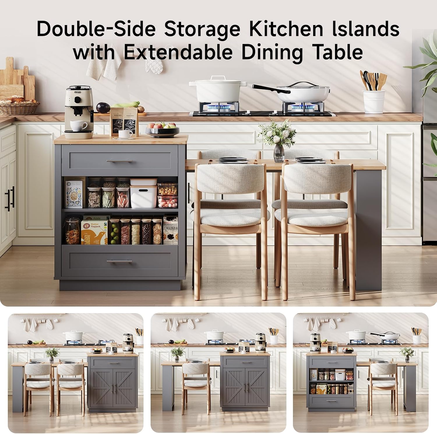 ONBRILL 76" Kitchen Islands with Extendable Dining Table, 2-4 Island Table with Double-Side Storage, Mobile Storage Islands Cart with Power Outlet & Spice Rack, Grey