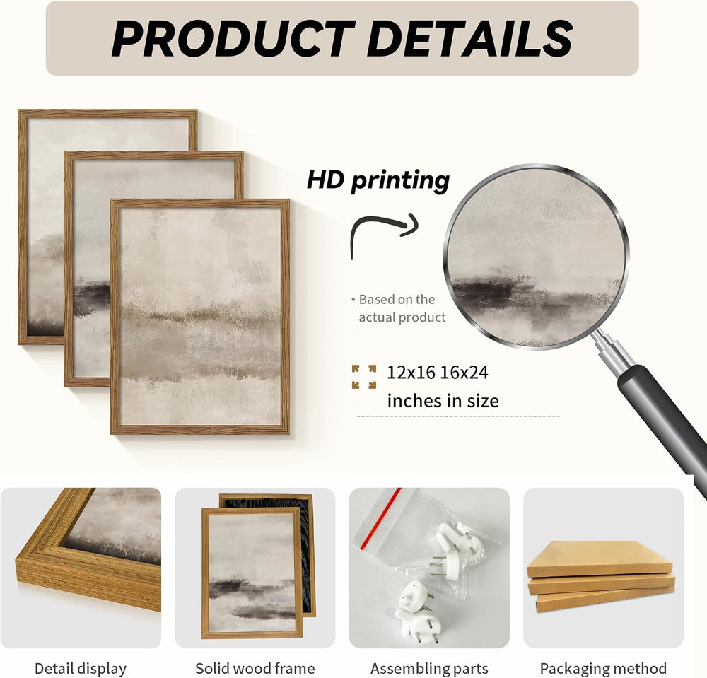 3 Piece Large Abstract Framed Wall Art Neutral Beige Modern Art 12x16 Inch
