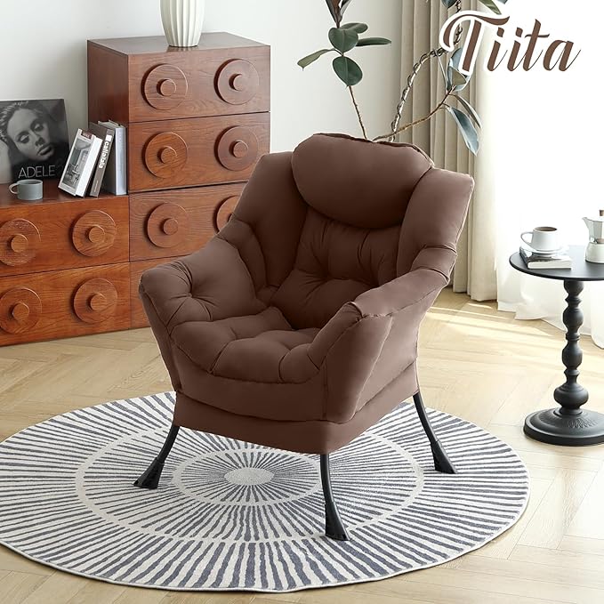 Tiita Lazy Chair, Modern Large Accent Lounge Armchair, Comfy Leisure Sofa Reading Chair with Footrest for Bedroom, Living Room, Dorm Rooms, Garden and Courtyard, Brown