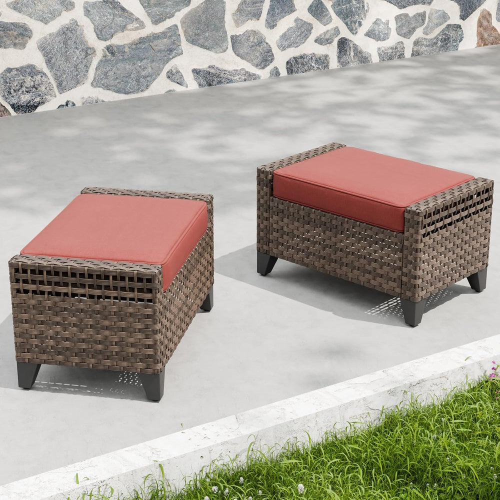 2 Pieces Modern Outdoor Wicker Patio Footstools, Multipurpose PE Rattan Ottom...