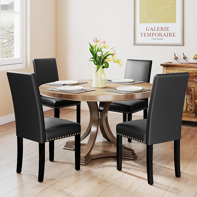 LSSBOUGHT Waterproof & Stain-Resistant Dining Chairs Set of 4, Upholstered Faux Leather Kitchen Chairs with Solid Wood Frame, 300LBS Capacity Armless Dining Room Chairs for Small Spaces, Black