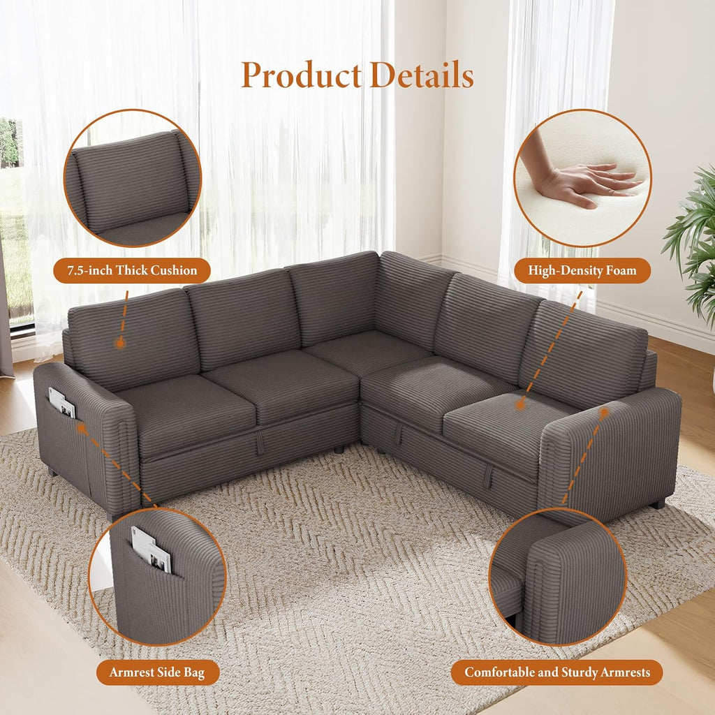 Vesgantti 88.4" Corduroy Sectional Sleeper Sofa with Pull Out Bed, Brown | 5 Seater Modular Couch with Storage, Comfy L Shaped Cloud Couches for Living Room, Bedroom, Apartment, Easy to Assemble