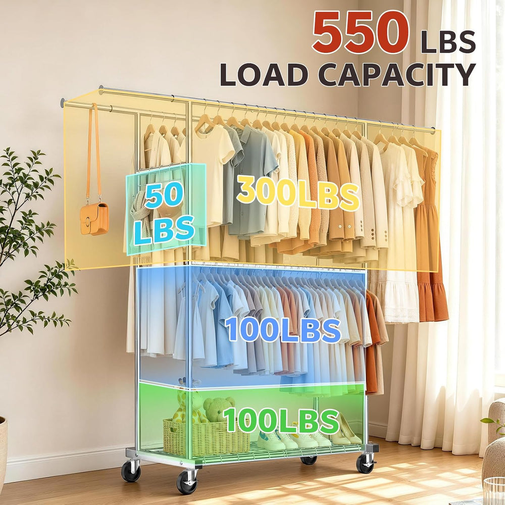 Heavy Duty Clothes Rack Load 550LBS, Rolling Clothing Rack Silver