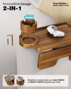 Bluewest 3-in-1 Couch Cup Holder Tray & Sofa Arm Tray, Acacia, 16 x 9.8 in | Clip-on side table with 360-degree cup holder, double SS304 hinges and non-slip design for TV dinners, remotes and drinks.