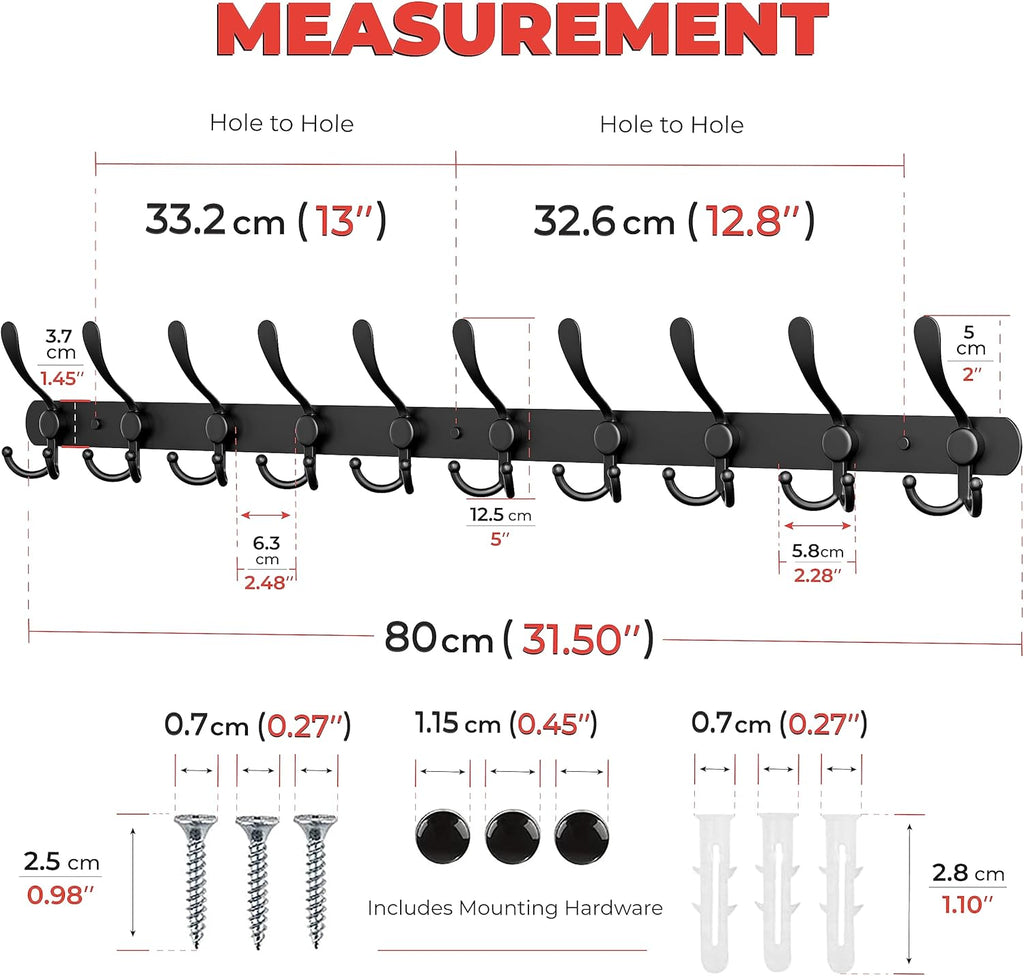 Coat Rack Wall Mount with 10 Tri Hooks, Stainless Steel 32 Inch – Black Matte Finish, Heavy Duty Wall Mounted Hook Rack for Coats, Hats, Towels, Scarfs, Robes, Bags, Entryway & Bathroom
