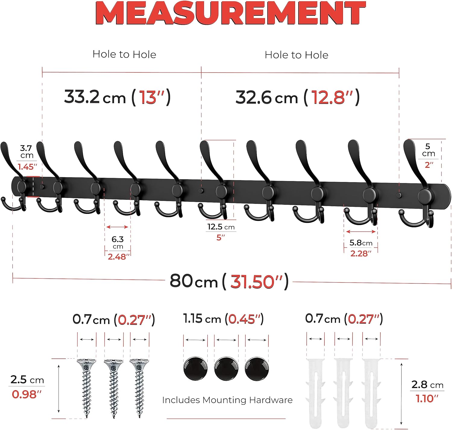 Coat Rack Wall Mount with 10 Tri Hooks, Stainless Steel 32 Inch – Black Matte Finish, Heavy Duty Wall Mounted Hook Rack for Coats, Hats, Towels, Scarfs, Robes, Bags, Entryway & Bathroom