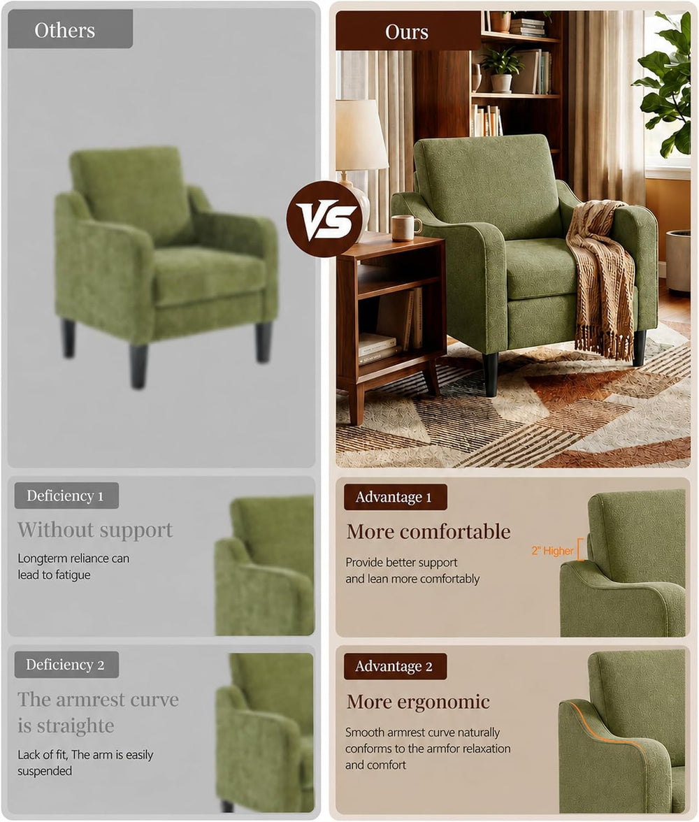 LEVELEVE Accent Arm Chair – Olive Green, Upholstered Scooped Comfy Reading Ch...
