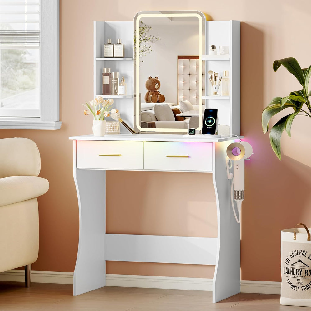 Xixini Vanity Desk with LED Lights Mirror & Power Outlet, Small Makeup Va...