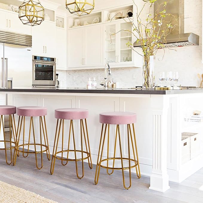 Yaheetech Bar Stools Set of 2, Velvet Round Counter Stools, Backless Counter Height Bar Chairs with Golden Legs for Kitchen Dining Room Pub Cafe, Pink
