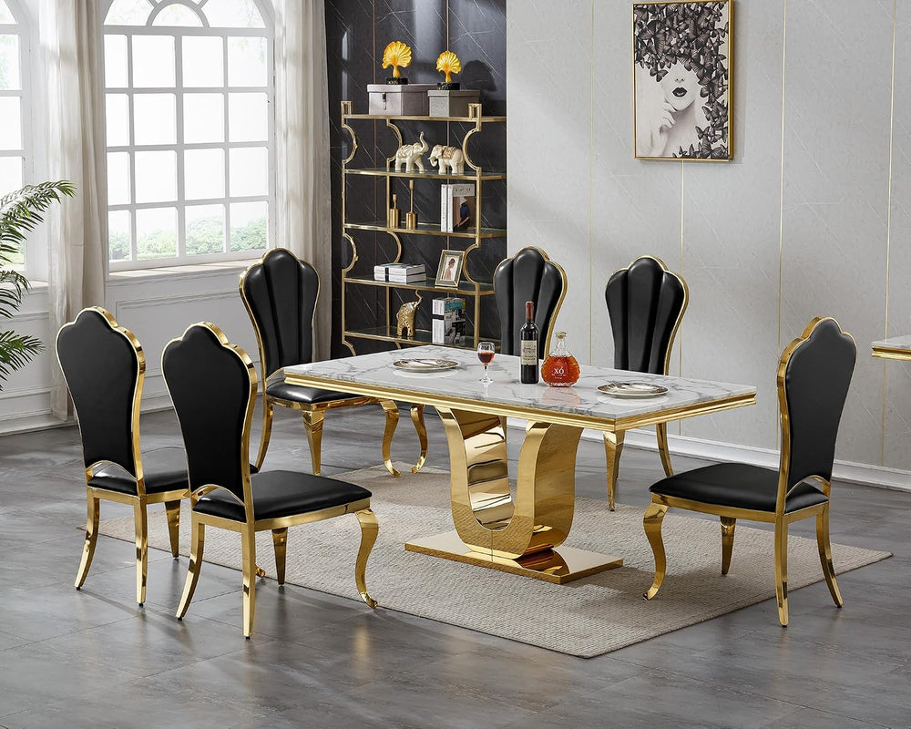 White Marble Dining Table for 6 Modern Luxury Faux Marble Kitchen Table for 6...