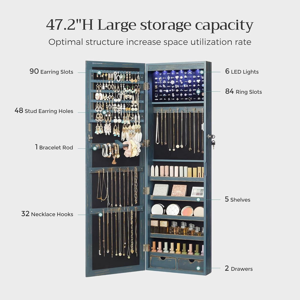 SONGMICS 6 LEDs Mirror Jewelry Cabinet, 47.2-Inch Tall Lockable Wall or Door Mounted Jewelry Armoire Organizer with Mirror, 2 Drawers, Christmas Gift, 3.9 x 14.6 x 47.2 Inches, Rustic Blue
