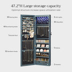 SONGMICS 6 LEDs Mirror Jewelry Cabinet, 47.2-Inch Tall Lockable Wall or Door Mounted Jewelry Armoire Organizer with Mirror, 2 Drawers, Christmas Gift, 3.9 x 14.6 x 47.2 Inches, Rustic Blue