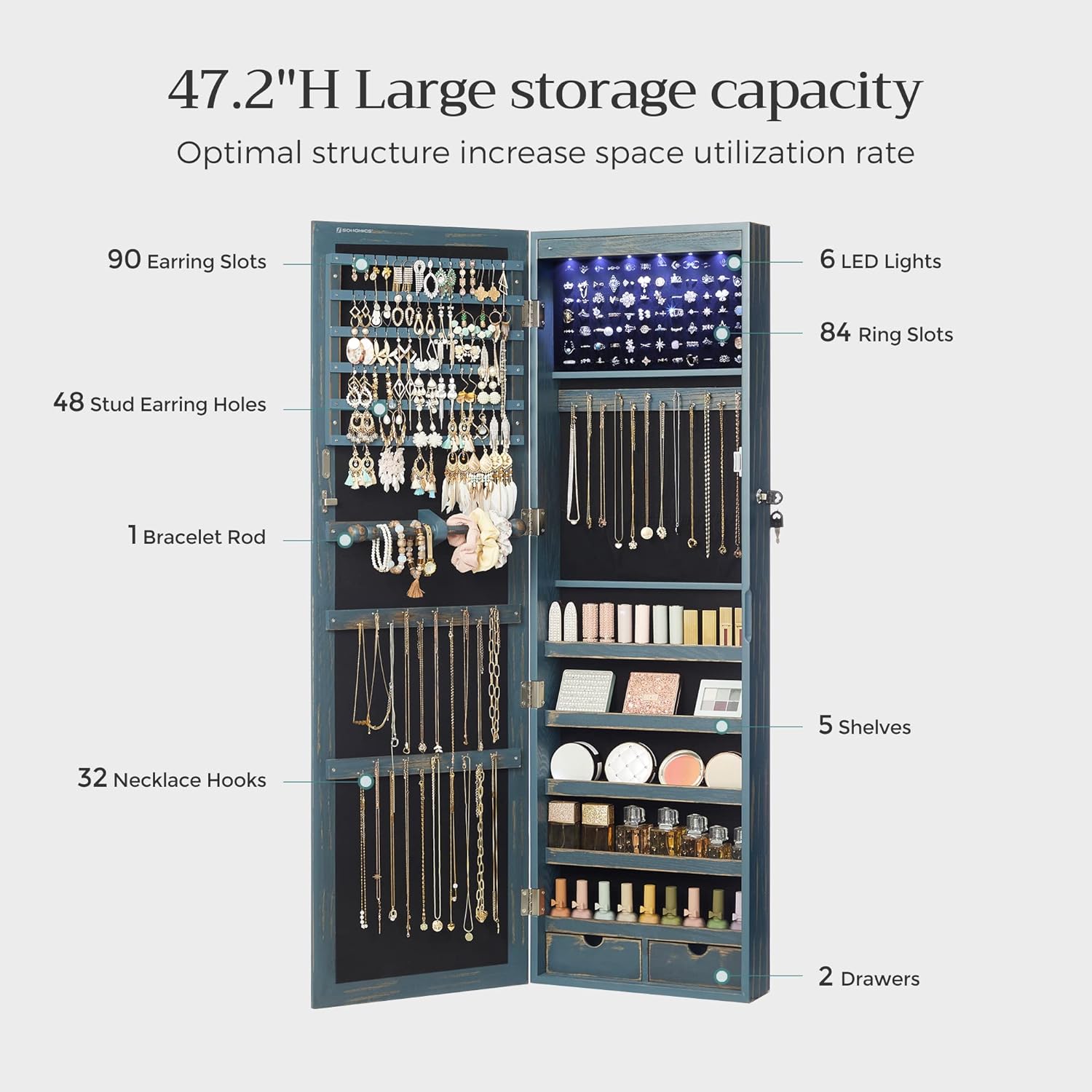 SONGMICS 6 LEDs Mirror Jewelry Cabinet, 47.2-Inch Tall Lockable Wall or Door Mounted Jewelry Armoire Organizer with Mirror, 2 Drawers, Christmas Gift, 3.9 x 14.6 x 47.2 Inches, Rustic Blue
