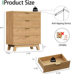 Fluted Nightstand, 31.5" Wide Side Table with 4 Large Storage Drawers, Mid Century Modern Wood Night Stand with Metal Handle, Wooden Bedside End Table for Bedroom, Living Room, Closet, Natural Oak