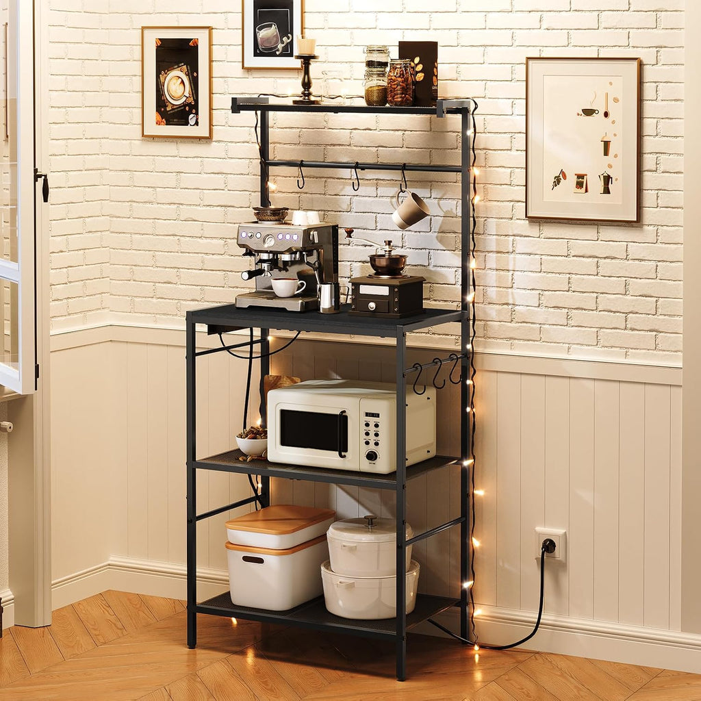 MAHANCRIS Bakers Rack with Power Outlet, Kitchen Storage Shelf with 6 Hooks, Microwave Stand with Storage, 4-Tier Coffee Bar Station, for Kitchen, Dining Room, Black BRBK35E01