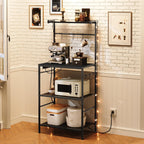 MAHANCRIS Bakers Rack with Power Outlet, Kitchen Storage Shelf with 6 Hooks, Microwave Stand with Storage, 4-Tier Coffee Bar Station, for Kitchen, Dining Room, Black BRBK35E01
