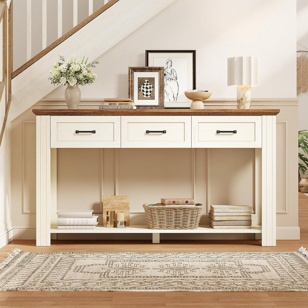 55" Farmhouse Console Table with 3 Drawers, Rustic Entryway Table with O...