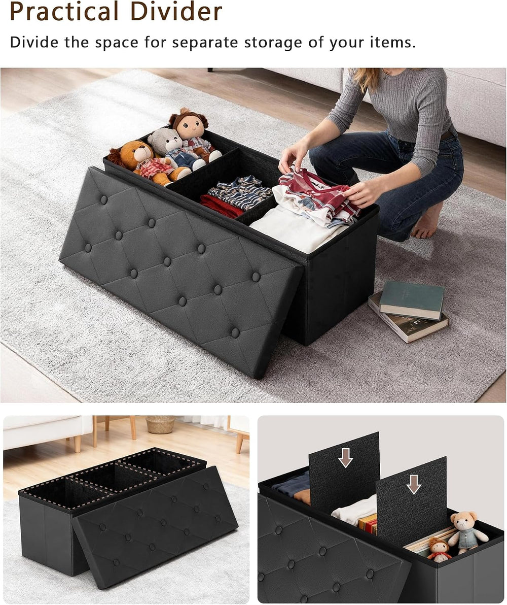 GLAXYFUR 43" Storage Ottoman Bench, Folding Ottoman with 2 Dividers, Bla...