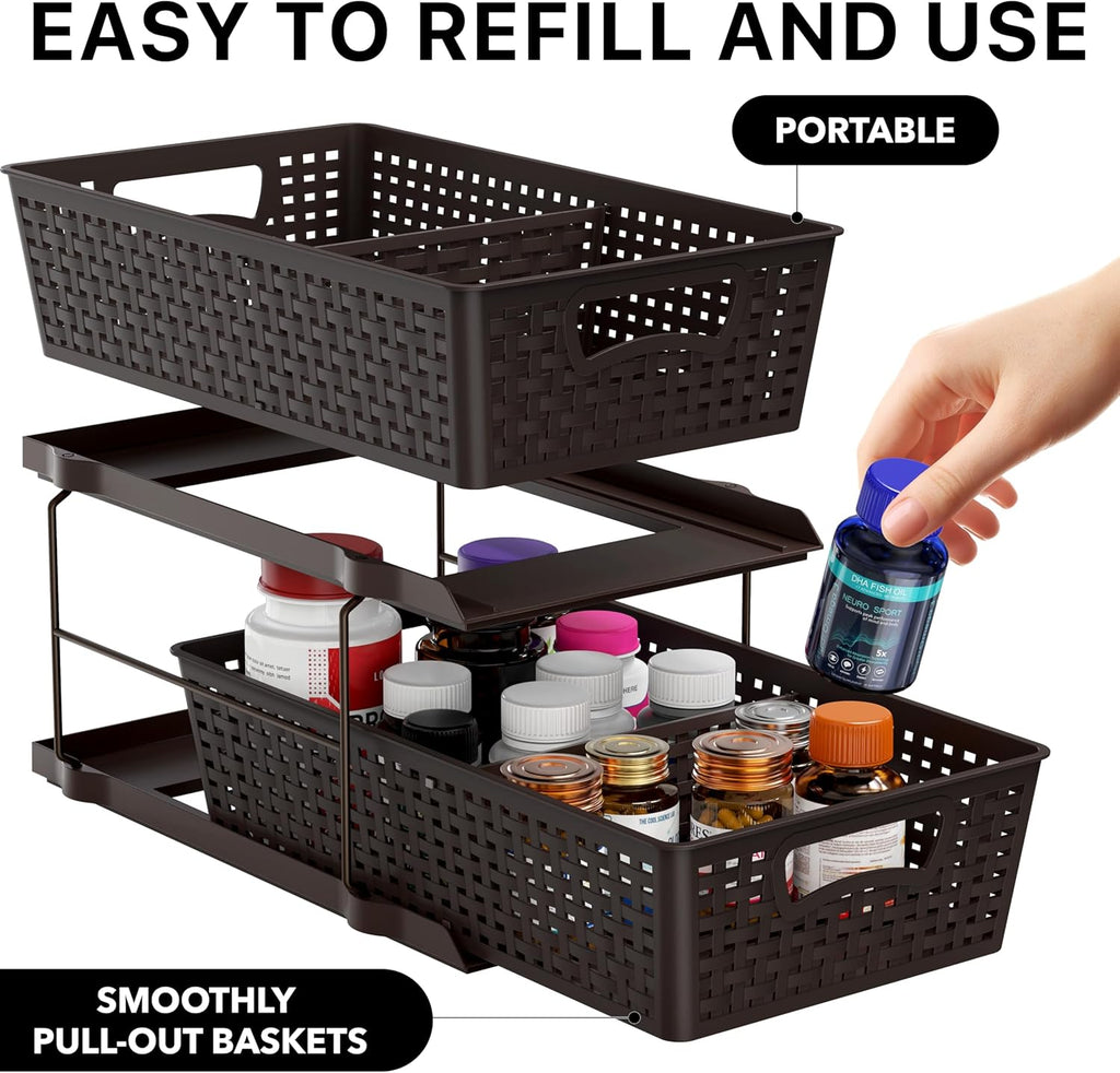 Simple Houseware 2 Tier Bathroom Organizer Tray Pull-Out Sliding Drawer, Under Sink Storage, Brown