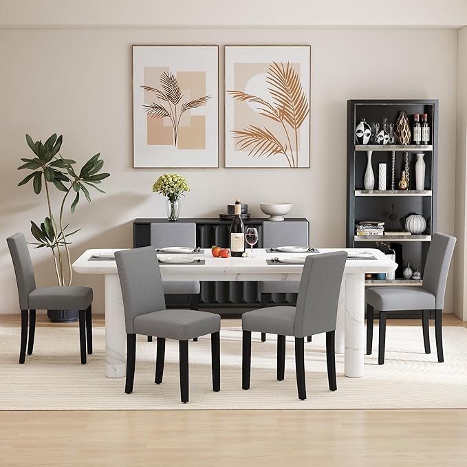 LSSPAID Dining Chairs Set of 6, Modern Stylish Fabric Upholstered Parson Chair, Dining Room Chairs with Solid Wood Legs for Kitchen Living Room, Grey