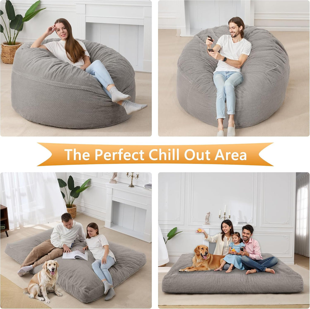 HABUTWAY Bean Bag Chair, Giant Bean Bag Chair with Washable Chenille Cover Ultra Soft, Convertible Bean Bag from Chair to Mattress, Huge Chenille Bean Bags for Adult, Couples, Family (Grey Queen)