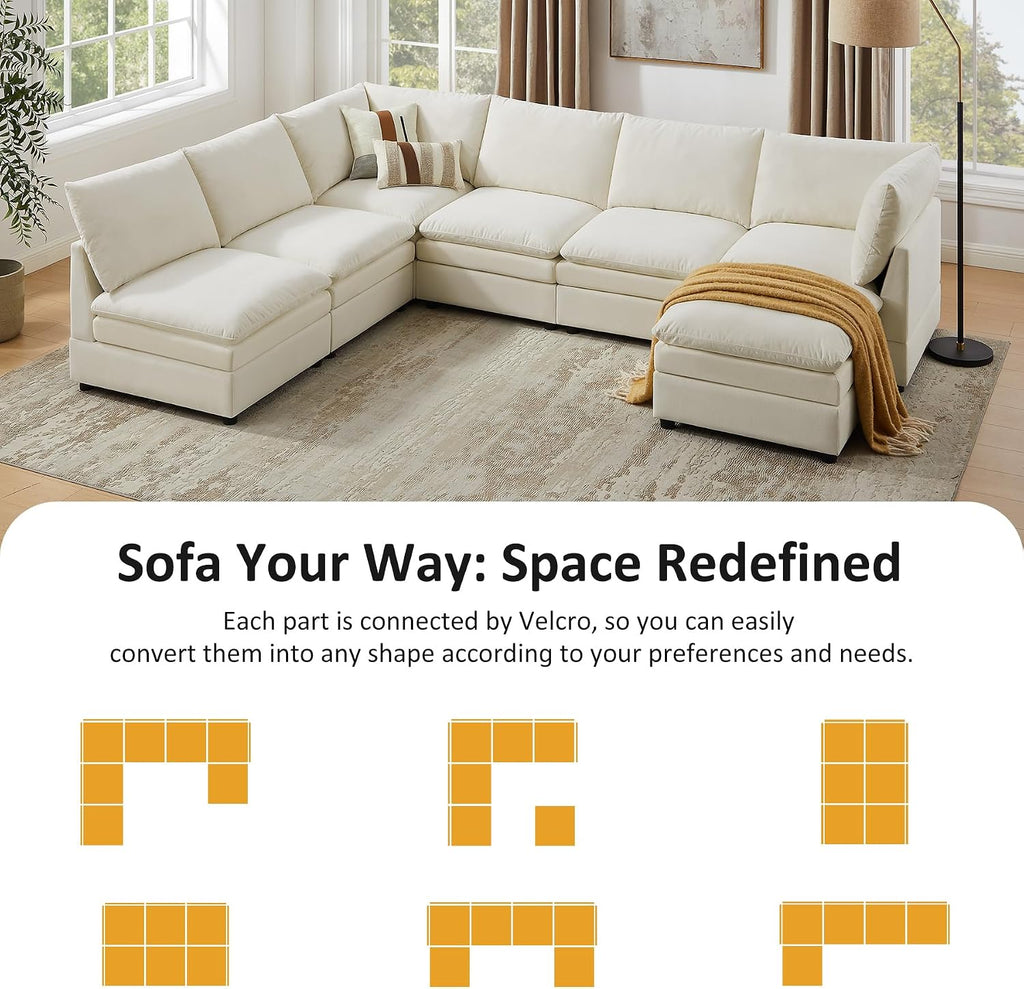 98" Cloud Modular Sectional Sofa Couches with Ottoman, Ivory White | Oversized Modern Sleeper Sofa with Deep Seat Double-Layer Thick Cushion, Convertible Upholstered Sofa Set for Living Room