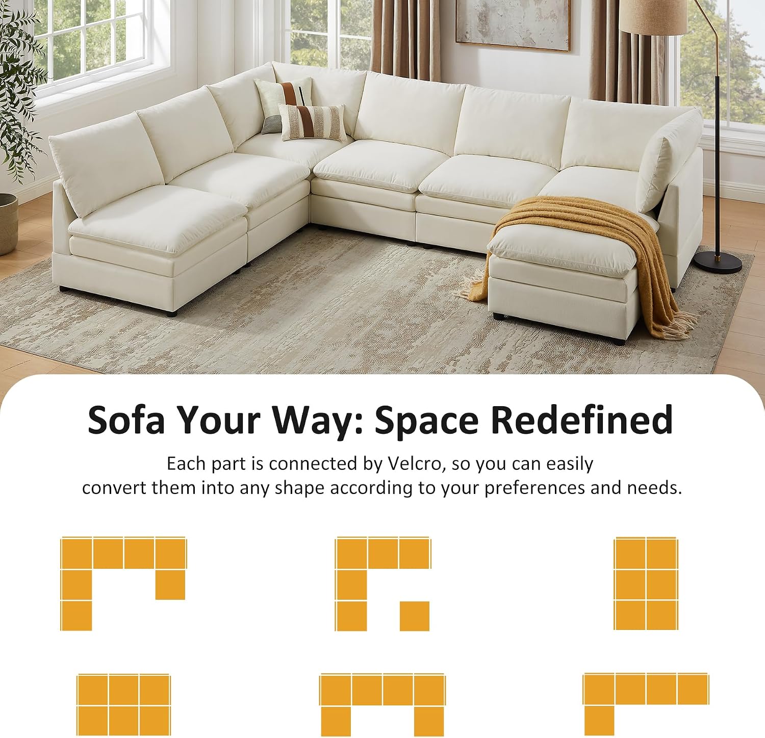 98" Cloud Modular Sectional Sofa Couches with Ottoman, Ivory White | Oversized Modern Sleeper Sofa with Deep Seat Double-Layer Thick Cushion, Convertible Upholstered Sofa Set for Living Room