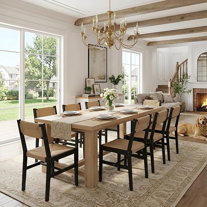 Mid Century Modern Rattan Dining Chairs Set of 6 Black Beechwood Kitchen Chairs Farmhouse Woven Dining Room Chairs Armless Boho Cane Wicker Chair Wooden Dining Chairs with Weave Hemp Seat and Backrest