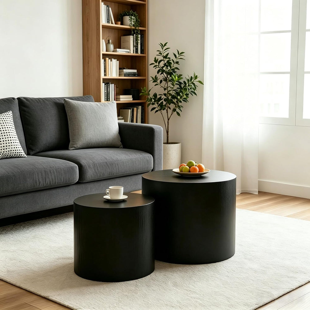 Nesting Coffee Table Set of 2, Modern Round Wood Side Table, Black | Nesting ...
