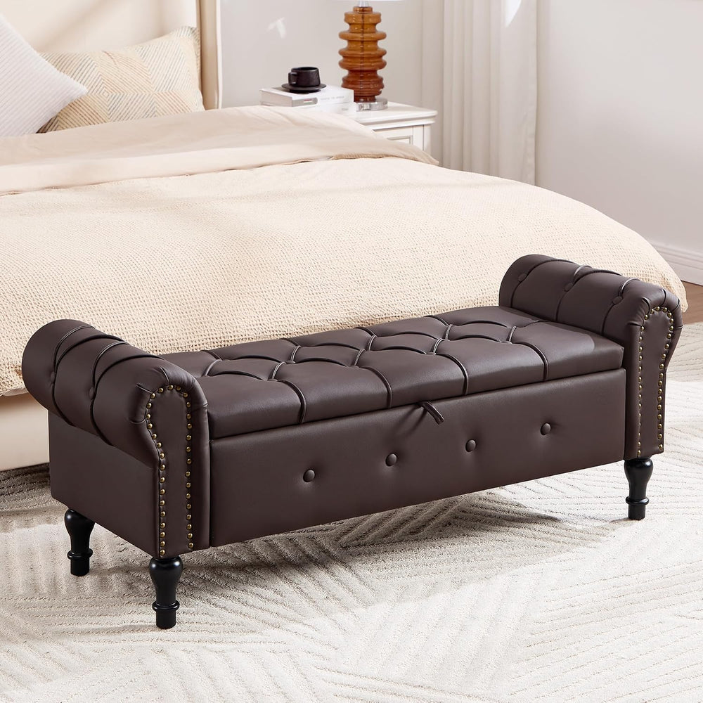 Storage Bench 51" Faux Leather End of Bed Benches Dark Brown | Queen Siz...