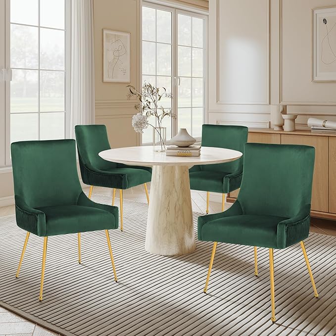 Velvet Dining Chairs Set of 2, Modern Upholstered Kitchen Chair with Pull Handle & Pleated Back, Mid Century Accent Chair with Gold Metal Legs for Vanity,Dining,Kitchen,Living Room, Green