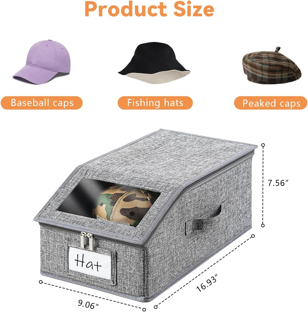 2 Pack Grey Hat Organizer for Baseball Cap, Hat Storage for Closet with Clear Window, Breathable Fabric Hat Box for Snacks, Toys, Socks, Stackable Hat Storage Organizer for Men/Women
