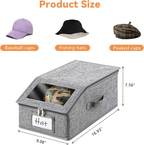4 Pack Grey Hat Organizer for Baseball Cap, Hat Storage for Closet with Clear Window, Breathable Fabric Hat Box for Snacks, Toys, Socks, Stackable Hat Storage Organizer for Men/Women