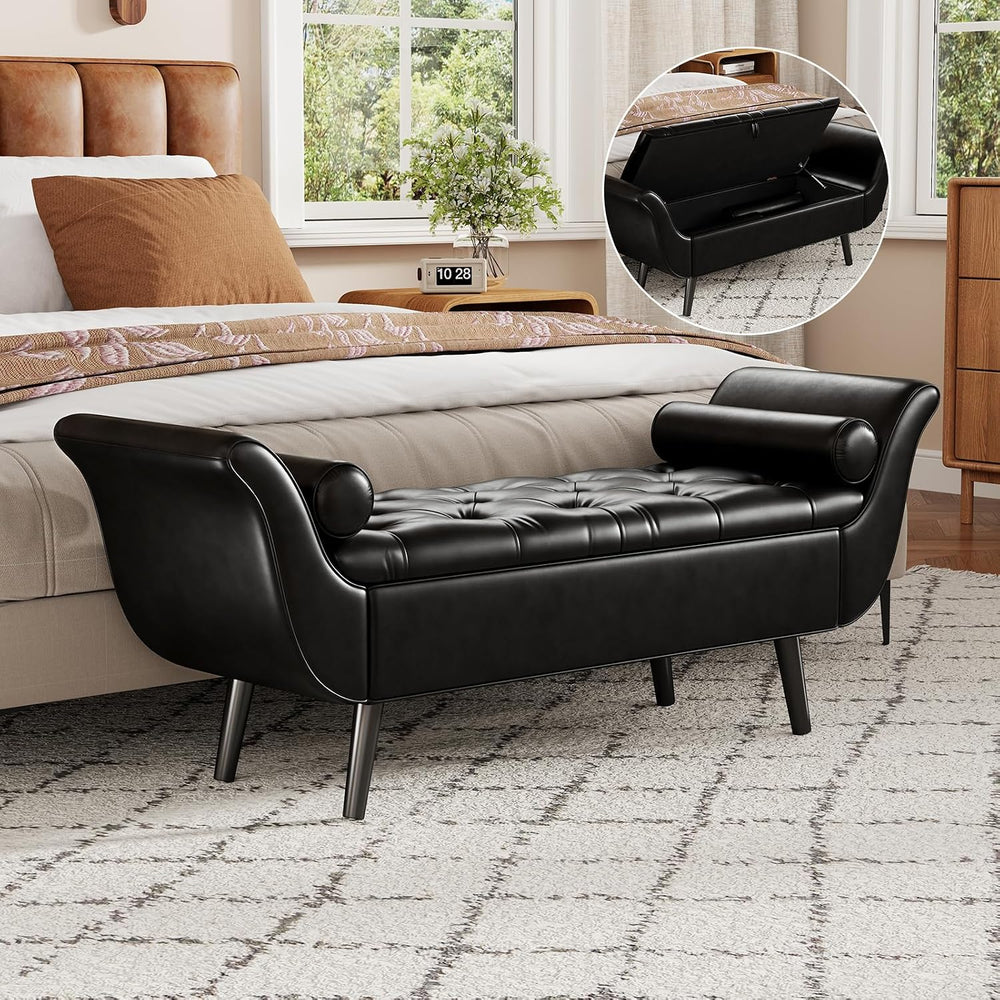 Faux Leather Storage Bench for Bedroom End of Bed, 65-Inch Rolled Arm Upholst...