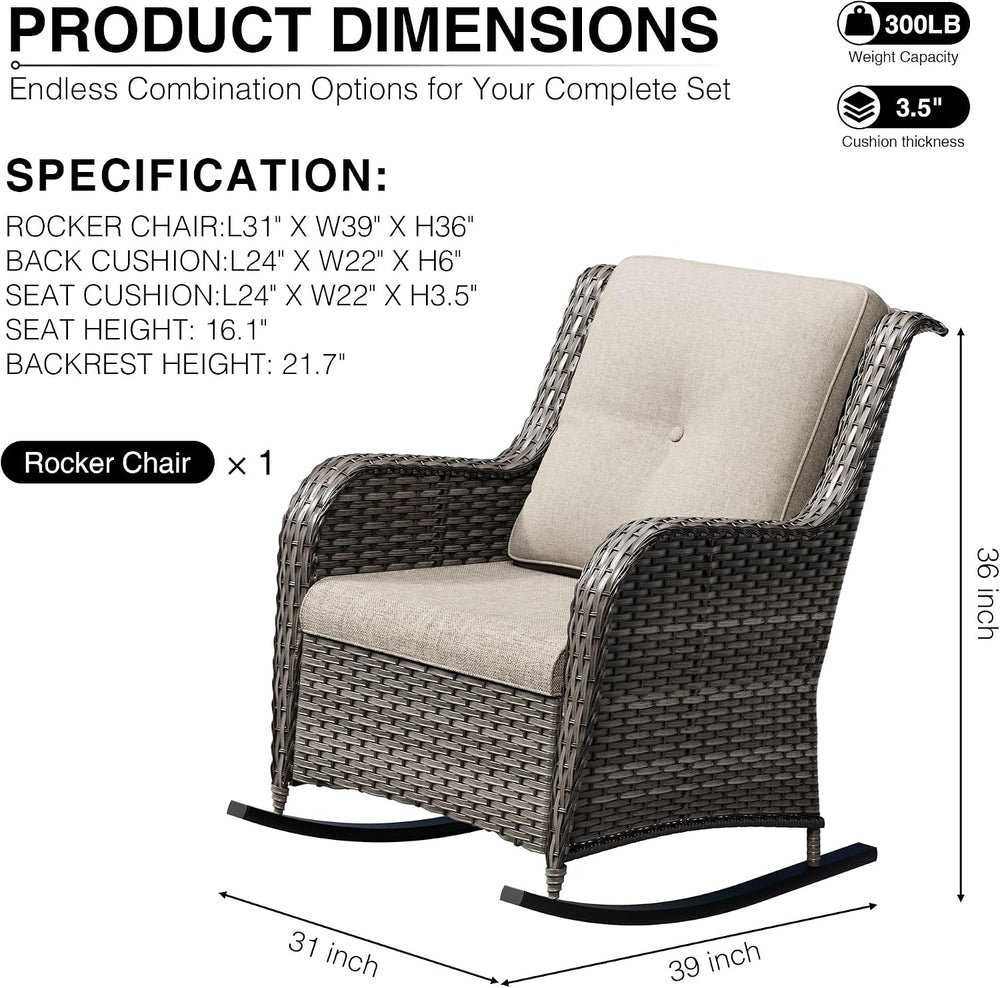 Joyside Outdoor Rocking Chair, Wicker Patio Furniture with High Back, Deep Se...