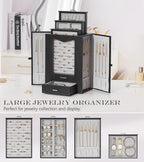 Homde Jewelry Organizer with Transparent Window Necklace Hooks Gift for Women Jewelry Box Display Case for Necklaces Rings Earrings Bracelets and Other Accessories (Black)