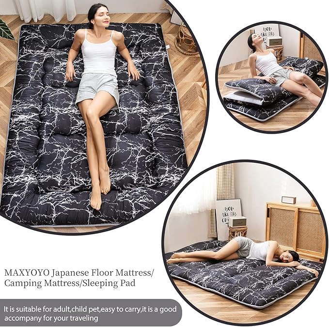 MAXYOYO Japanese Floor Mattress Futon Mattress, 4" Thicken Tatami Mat Sleeping Pad Foldable Roll Up Mat Boys Girls Dormitory Pad Kids Floor Lounger Pillow Bed, Charcoal Grey, Queen Size
