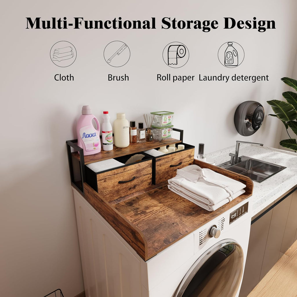 2-Tier Washer Dryer Countertop single with shelf and fabirc drawer,laundry topper with Edge and Non-Slip Pad for Washer Dryer Laundry Hamper Counter Storage Organization (rustic brown, single)