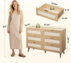 6-Drawer Rattan TV Stand | Boho Wood TV Console Fits Up to 55-inch TV for Living Room，Oak