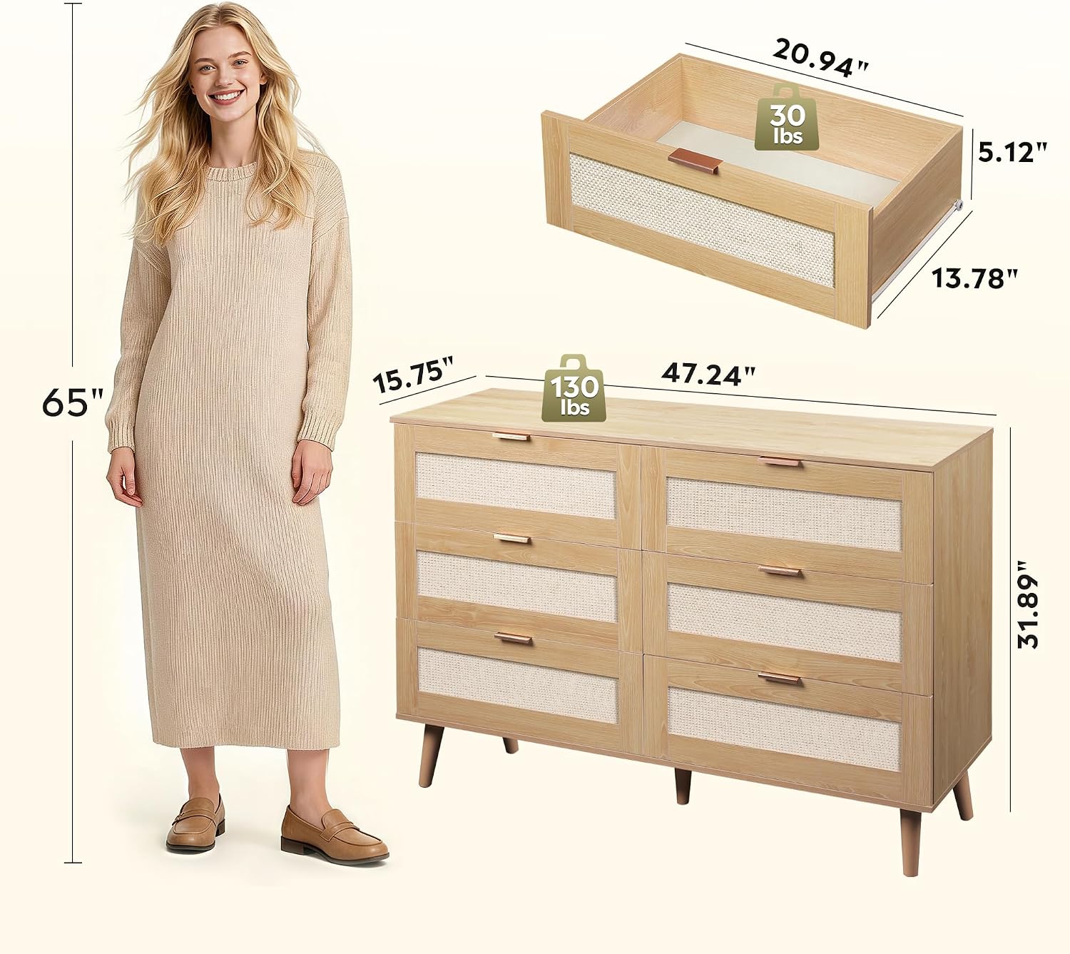 6-Drawer Rattan TV Stand | Boho Wood TV Console Fits Up to 55-inch TV for Living Room，Oak