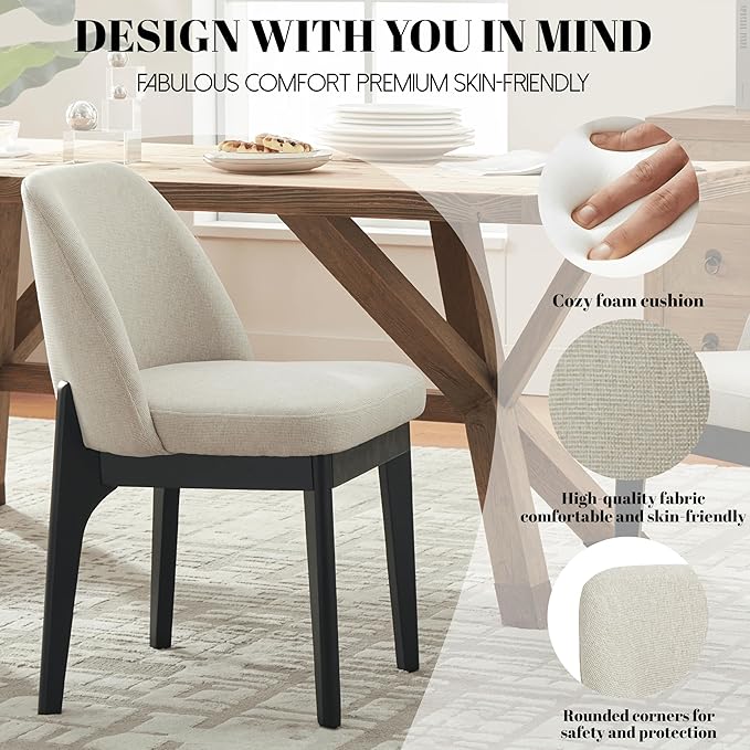 VKNOW Wooden Dining Chairs Set of 2, Upholstered Dining Room Chairs with Rubberwood Legs and Padded Seats, Kitchen Chairs for Restaurant Kitchen Living Room, Khaki