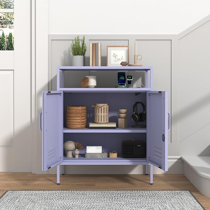 Multifunctional Lockable Storage Cabinet, 3-Tier Side Cabinet with Power Strip & USB Ports, Adjustable Shelf, for Living Room, Home, Office, Purple 33" H X 29.5" W X 13.8" D