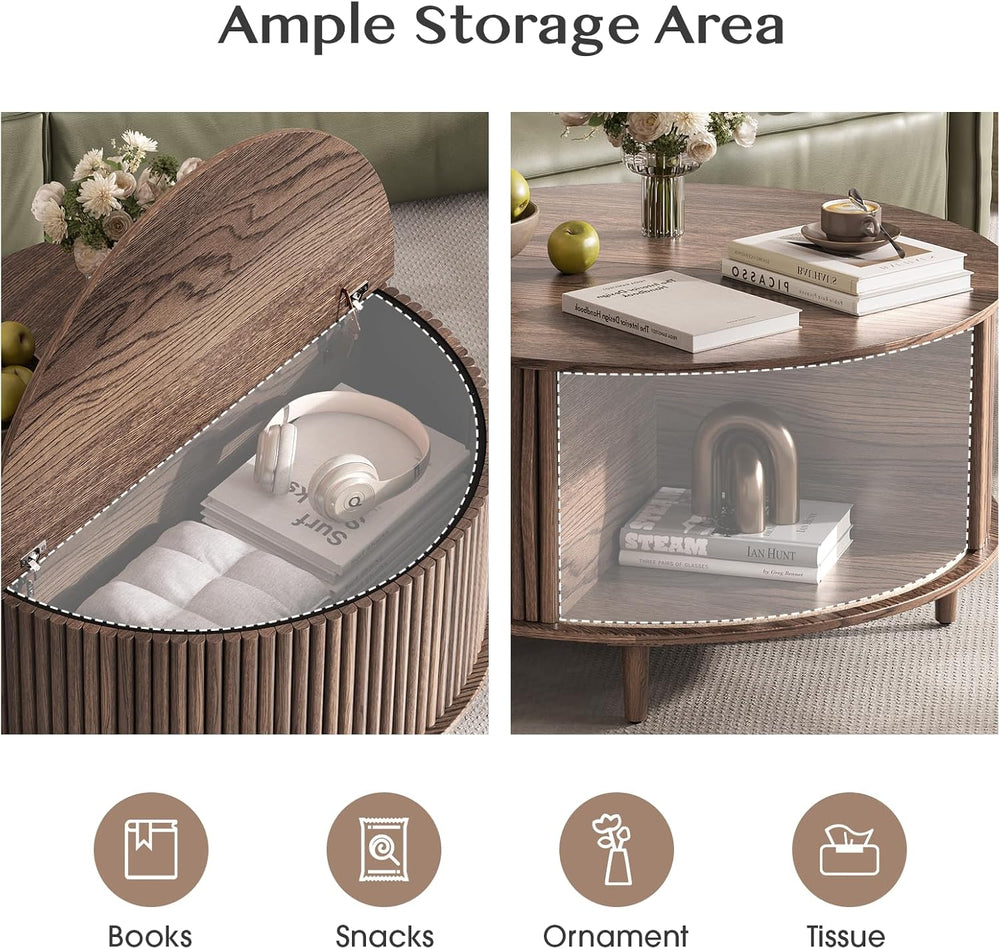 JOINICE,Round Coffee Table with Storage, 31.5" Fluted Center Table for L...