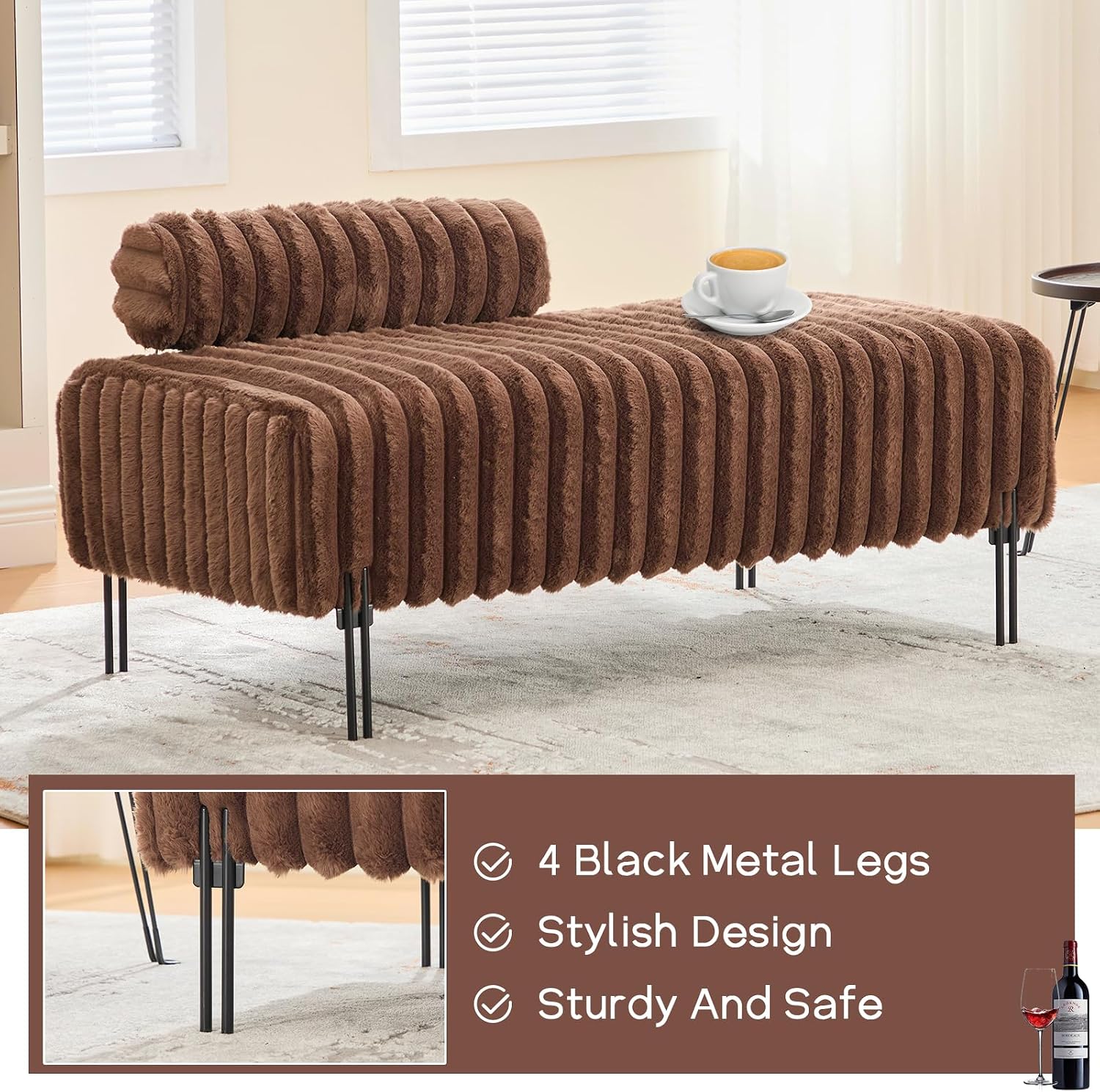 NIOIIKIT 53.2" Loveseat Sofa Couch with Adjustable Backrest, Accent Sofa | Upholstered Small Faux Fur Couch, Golden Legs, Leisure 2-seater Sofa for Bedroom, Living Room, Compact Small Space, Brown