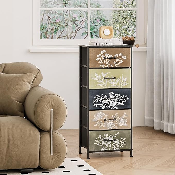 Tohomeor Vintage Dresser Vertical Nightstand with Neutral Botanical Plant Fab...