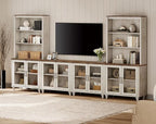 WAMPAT Entertainment Center with Bookshelves for TVs up to 75", Farmhouse Wall Unit TV Stand with Glass Doors, Media Console Table for Living Room, Bedroom & Home Theater, Rustic White