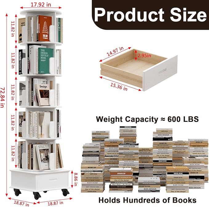 Solid Wood Rotating Bookshelf Tower, 5 Tier Spinning Bookcase with Drawer, 72" Floor Standing Revolving Bookshelf on Wheels, Corner Bookcase for Small Space, White