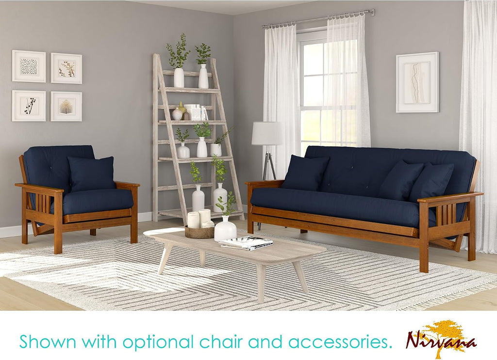 Stanford Futon Set - Full Size Futon Frame with Mattress Included (8 Inch Thick Mattress, Twill Navy Blue Color), Heavy Duty Wood, Popular Sofa Bed Choice