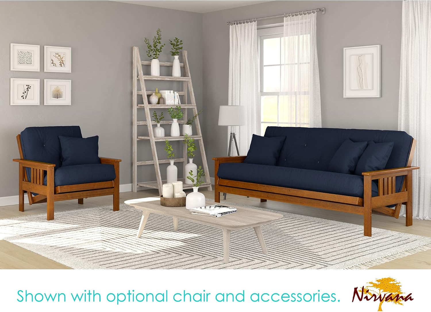 Stanford Futon Set - Full Size Futon Frame with Mattress Included (8 Inch Thick Mattress, Twill Navy Blue Color), Heavy Duty Wood, Popular Sofa Bed Choice