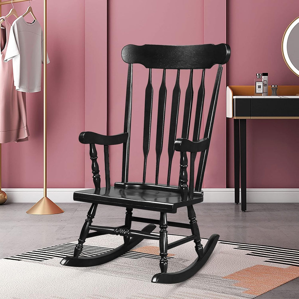 Tangkula Patio Rocking Chair, Solid Rubber Wood Frame, Black, 1 Pack